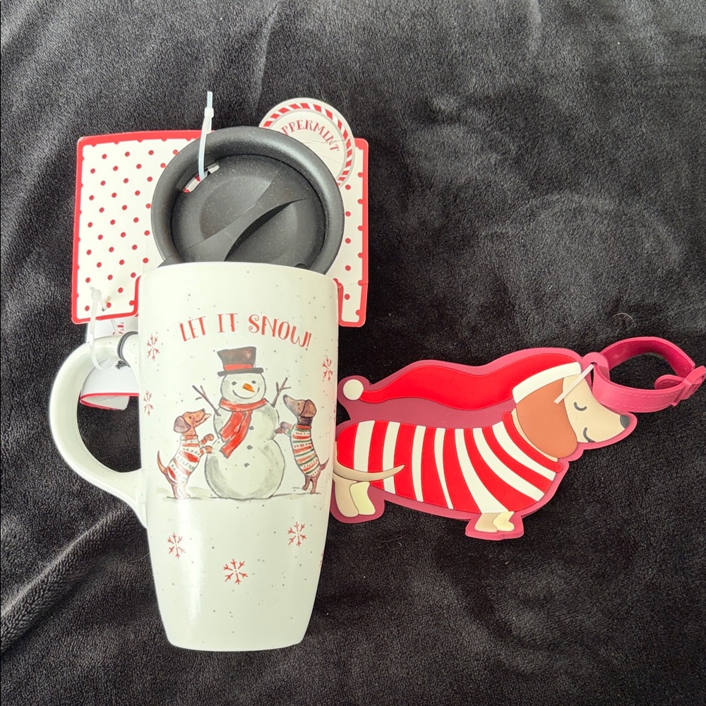 Snowman Travel Mug with Dachshund Luggage Tag